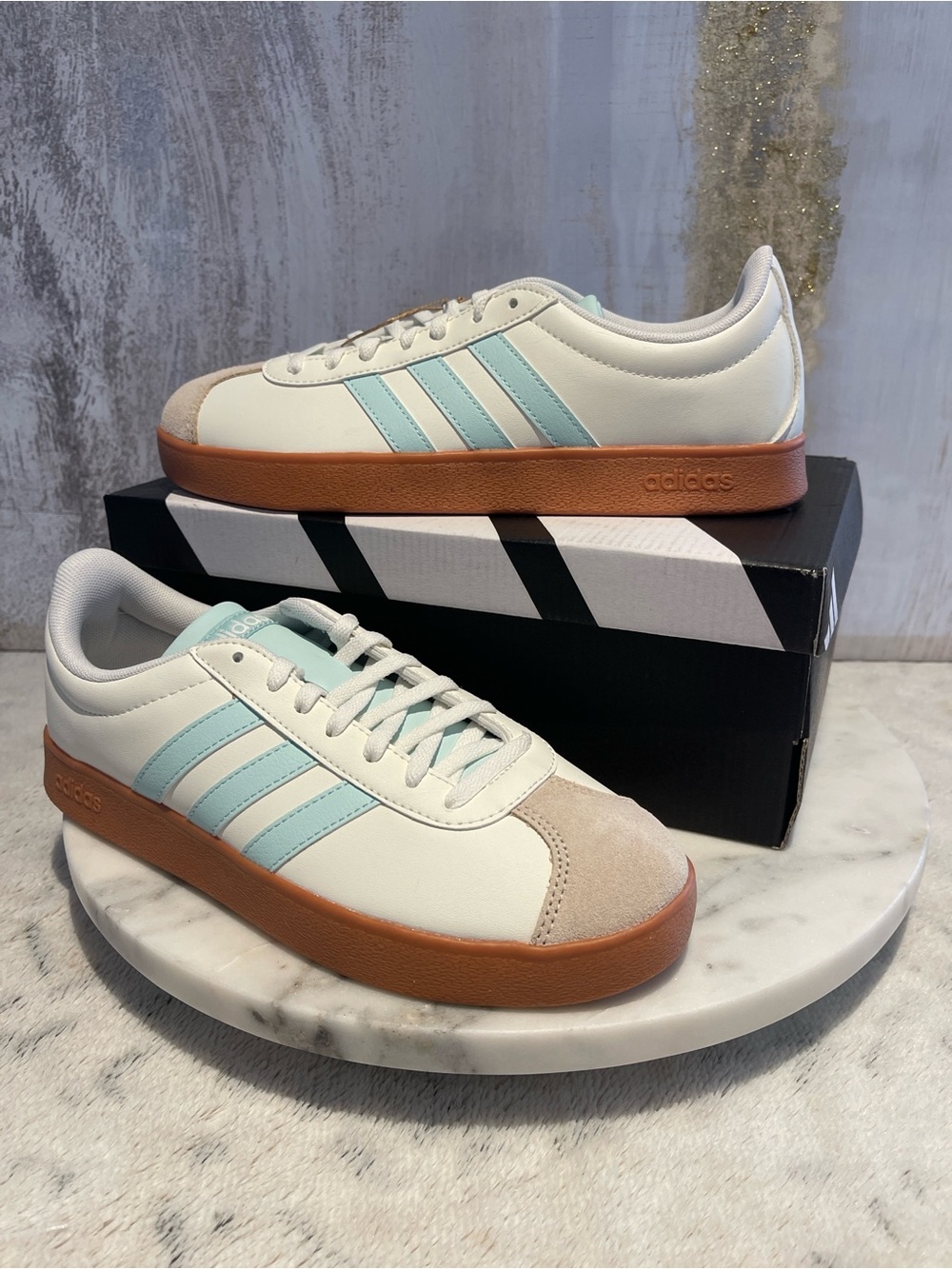Adidas Women's VL Court Base White turquoise with Gum Sole Sneakers (7.5)